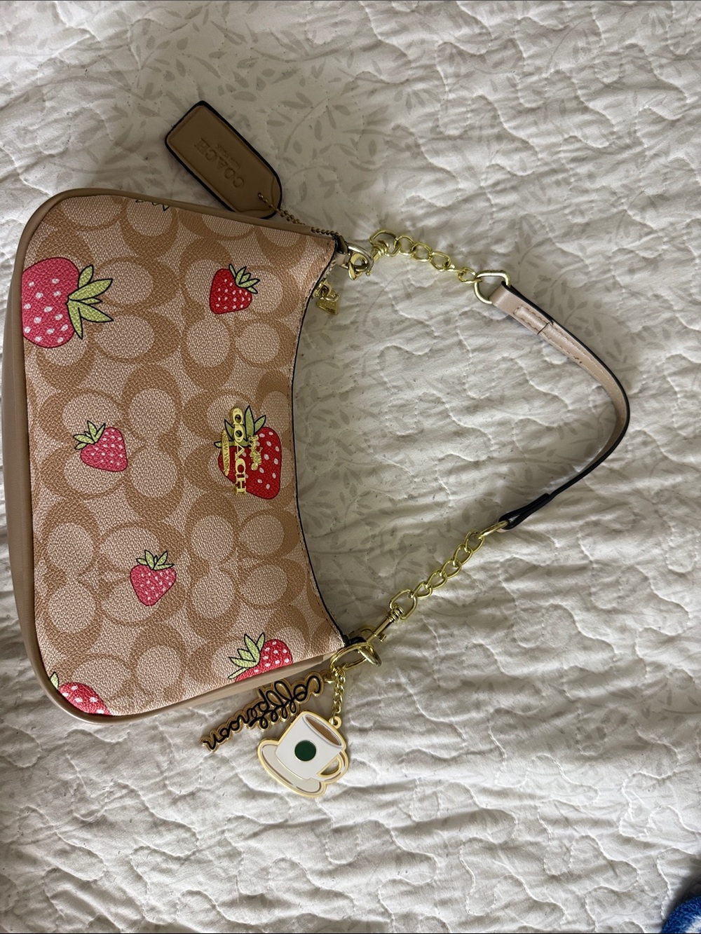 Coach Tan Strawberry-Print Shoulder Bag with Gold Hardware